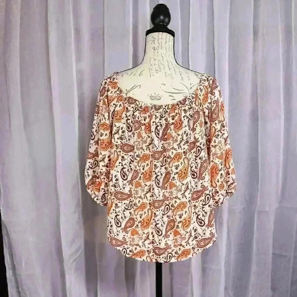 Stella Tweed XL paisly print brown/orange/tan tie front pullover shirt - Picture 9 of 14